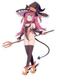 Rule 34 | 1girl, bare shoulders, bell, black choker, black thighhighs, blade (galaxist), blue eyes, blush, brown hat, choker, closed mouth, demon tail, elizabeth bathory (fate), elizabeth bathory (fate/extra ccc), fate/grand order, fate (series), finger cots, flat chest, full body, hat, highleg, highleg leotard, holding, horn ornament, horns, horns through headwear, jingle bell, leotard, long hair, looking at viewer, neck bell, pink hair, pointy ears, pointy footwear, simple background, skindentation, solo, standing, strapless, strapless leotard, tail, thighhighs, two side up, white background, witch hat