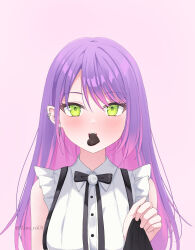 1girl absurdres azurarts blush candy chocolate chocolate_heart colored_inner_hair ear_piercing eating food frilled_shirt frills green_eyes heart heart-shaped_food highres hololive jirai_kei long_hair looking_at_viewer multicolored_hair official_alternate_costume piercing pink_background portrait purple_hair shirt sleeveless solo streaked_hair tokoyami_towa tokoyami_towa_(jirai_kei) virtual_youtuber white_shirt