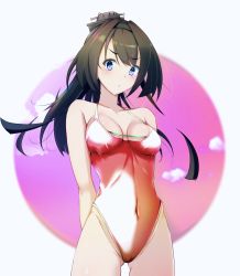 Rule 34 | 1girl, absurdres, akizuki (kancolle), arms behind back, bare shoulders, black hair, blue eyes, breasts, cleavage, collarbone, commission, cowboy shot, headband, headgear, highres, honma (honmatomohiro), kantai collection, long hair, medium breasts, one-piece swimsuit, parted lips, pixiv commission, ponytail, swimsuit, two-tone background