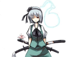 Rule 34 | 1girl, alternate eye color, arms behind back, ascot, black ascot, black hairband, black ribbon, blood, blood in mouth, breasts, closed mouth, collarbone, collared shirt, commentary request, cowboy shot, crossed swords, green skirt, green vest, hair ribbon, hairband, konpaku youmu, konpaku youmu (ghost), medium breasts, one eye closed, puffy short sleeves, puffy sleeves, red eyes, ribbon, shirt, short hair, short sleeves, simple background, skirt, solo, suwi, sword, touhou, v-shaped eyebrows, vest, weapon, white background, white hair, white shirt