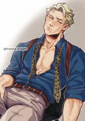 Rule 34 | 1boy, bara, blonde hair, cheekbones, collared shirt, feet out of frame, head tilt, highres, jujutsu kaisen, large pectorals, leo (frosted knight), long sleeves, male focus, mature male, muscular, muscular male, nanami kento, necktie, pants, partially unbuttoned, pectoral cleavage, pectorals, shirt, short hair, sitting, solo, thick eyebrows, undone necktie