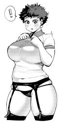 Rule 34 | !, 1girl, :o, bad id, bad tumblr id, breasts, earrings, elf-san wa yaserarenai., fang, garter belt, greyscale, highres, huge breasts, jewelry, looking down, midriff, monochrome, parted lips, plump, satero (elf-san wa yaserarenai.), short hair, simple background, skindentation, solo, spoken exclamation mark, synecdoche, thick thighs, thighhighs, thighs, white background