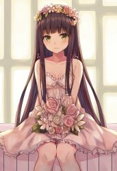 Rule 34 | 1girl, black hair, blunt bangs, blush, bori2537, bouquet, breasts, bride, cleavage, collarbone, commentary request, dress, flower, green eyes, highres, holding, holding bouquet, long hair, looking at viewer, medium breasts, original, sitting, small breasts, solo, white dress