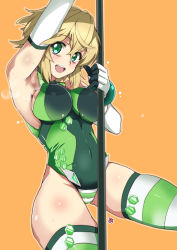 Rule 34 | 1girl, akatsuki kirika, aoi manabu, armpits, arms up, blush, breasts, commentary request, covered navel, green eyes, green leotard, large breasts, leotard, looking at viewer, open mouth, orange background, pole, pole dancing, senki zesshou symphogear, shiny skin, short hair, skin tight, smile, solo, standing, striped clothes, striped thighhighs, stripper pole, teeth, thighhighs