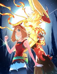 Rule 34 | 1girl, absurdres, back-to-back, bare shoulders, blaziken, blue eyes, bow, bracelet, brown hair, clenched hand, closed mouth, collarbone, creatures (company), fanny pack, game freak, gen 3 pokemon, hair bow, highres, jewelry, looking at viewer, may (pokemon), mega blaziken, mega pokemon, nintendo, pokemon, pokemon (creature), pokemon oras, red bow, red shirt, shirt, shorts, sleeveless, sleeveless shirt, smile, zeroartwo