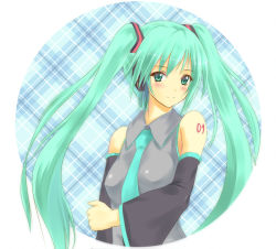 Rule 34 | 1girl, arm grab, bare shoulders, blush, circle, detached sleeves, face, green eyes, green hair, hatsune miku, holding own arm, konimaru, long hair, looking at viewer, matching hair/eyes, necktie, plaid, plaid background, smile, solo, tattoo, twintails, vocaloid