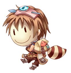 Rule 34 | 1boy, backpack, bag, brown bag, brown gloves, brown hair, brown pants, chibi, commentary request, full body, gloves, lowres, male focus, mask, masked, momozakura nanao, novice (ragnarok online), pants, poring, raccoon tail, ragnarok online, shoes, short hair, simple background, solo, tail, transparent background