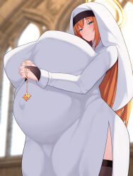 1girl big_belly black_thighhighs blue_eyes blush breasts bridal_gauntlets church closed_mouth covered_navel cross curvy dress from_below from_side gigantic_breasts habit halo highres huge_breasts indoors jewelry long_hair looking_at_viewer necklace nun orange_hair original outie_navel plump praying pregnant red_hair side_slit smile solo standing thick_thighs thighhighs thighs tokyokyoto very_long_hair white_dress wide_hips