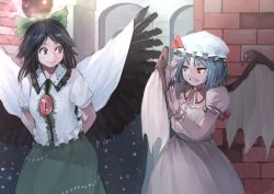 Rule 34 | 2girls, arms behind back, bat wings, black hair, black wings, blue hair, bow, breasts, brick wall, clenched teeth, commentary, cowboy shot, dress, feathered wings, frilled shirt collar, frills, green bow, green skirt, hair bow, hands up, hat, hat ribbon, ichiba youichi, jitome, long hair, looking at another, medium breasts, mob cap, multiple girls, nail polish, puffy short sleeves, puffy sleeves, red eyes, red nails, red ribbon, reiuji utsuho, remilia scarlet, ribbon, shirt, short hair, short sleeves, skirt, slit pupils, smile, space print, standing, starry sky print, sweat, teeth, touhou, white dress, white hat, white shirt, wings, wrist cuffs