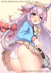 Rule 34 | 1girl, :o, animal ears, artist name, ass, azur lane, bell, blush, bow, bowtie, cat ears, cat tail, crying, crying with eyes open, ears through headwear, embarrassed, from behind, from below, go-it, gun, hat, jingle bell, kisaragi (azur lane), long hair, long sleeves, looking at viewer, looking back, looking down, miniskirt, nose blush, open mouth, over shoulder, panties, pantyshot, pink hair, pleated skirt, polka dot, polka dot panties, purple eyes, red bow, school hat, shiny skin, signature, simple background, skirt, solo, standing, tail, tail bow, tail ornament, tears, thighs, underwear, very long hair, watermark, weapon, web address, yellow background, yellow bow, yellow bowtie, yellow hat
