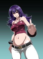 Rule 34 | 00s, 1girl, alternate hairstyle, bare shoulders, belt, bracelet, breasts, camisole, casual, cowboy shot, creatures (company), denim, flipped hair, foreshortening, game freak, groin, gym leader, jeans, jewelry, large breasts, middle finger, midriff, navel, nintendo, pants, pokemon, pokemon hgss, purple hair, red eyes, sabrina (pokemon), satsuki imonet, smile, solo, unzipped