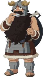 Rule 34 | 1boy, anime coloring, bad source, beard, black hair, cooking, dungeon meshi, dwarf, facial hair, fake horns, full body, helmet, horned helmet, horns, long beard, long hair, looking up, male focus, mature male, muscular, muscular male, mustache, o o, official art, plate, senshi (dungeon meshi), shield, solo, tasting plate, thick eyebrows, thick mustache, transparent background, very long beard, weapon behind back