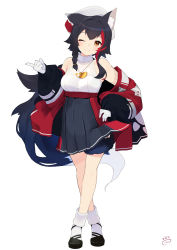 Rule 34 | 1girl, animal ear fluff, animal ears, asymmetrical hair, black footwear, black hair, black jacket, black skirt, blush, braid, breasts, closed mouth, commentary, cowboy shot, crossed legs, gloves, highres, hololive, jacket, jewelry, long hair, looking at viewer, medium breasts, miniskirt, multicolored clothes, multicolored hair, multicolored jacket, necklace, nejime, off shoulder, official alternate costume, one eye closed, ookami mio, ookami mio (street), open clothes, open jacket, orange eyes, pleated skirt, red hair, red jacket, shirt, shirt tucked in, shoes, side braid, simple background, single braid, skirt, sleeveless, sleeveless shirt, smile, socks, solo, streaked hair, tail, tail around own leg, two-tone hair, two-tone jacket, very long hair, virtual youtuber, watson cross, white background, white gloves, white shirt, white socks, wolf ears, wolf girl, wolf tail