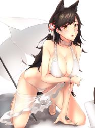 Rule 34 | 1girl, animal ears, arm support, atago (azur lane), atago (summer march) (azur lane), azur lane, beach umbrella, bikini, black hair, blush, breast lift, breasts, brown eyes, cleavage, collarbone, flower, hair flower, hair ornament, highres, kano (kanokano44), kneeling, large breasts, long hair, looking at viewer, mole, mole under eye, open mouth, sarong, see-through silhouette, simple background, skindentation, solo, swimsuit, umbrella, white background, white bikini