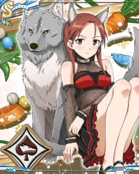 Rule 34 | 1girl, animal ears, artist request, blush, breasts, brown hair, carrot, dangle earrings, earrings, fish, pet bowl, jewelry, knees up, long sleeves, looking at viewer, minna-dietlinde wilcke, official art, red eyes, sitting, solo, spade (shape), strike witches, tail, wolf ears, wolf tail, world witches series