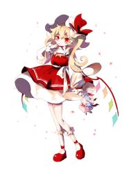 Rule 34 | 1girl, adapted costume, blonde hair, bobby socks, bow, cake mogo, clothes lift, crystal, doll, dress, finger to own chin, flandre scarlet, hat, hat bow, highres, holding, holding doll, layered dress, long sleeves, looking at viewer, mary janes, mob cap, one side up, pointy ears, red bow, red dress, red eyes, remilia scarlet, shoes, short hair with long locks, socks, solo, touhou, waist bow, wavy hair, white background, white hat, wings