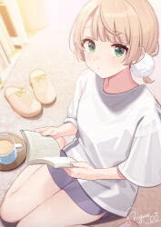 Rule 34 | 1girl, artist name, blonde hair, blunt bangs, blurry, book, bow, casual, commentary, cup, depth of field, dot nose, expressionless, foot out of frame, from above, green eyes, grey shorts, hair ornament, holding, holding book, indie virtual youtuber, looking at viewer, pom pom (clothes), pom pom hair ornament, sandals, saucer, shigure ui, shigure ui (vtuber), shirt, short ponytail, short sleeves, shorts, signature, sitting, solo, symbol-only commentary, thighs, virtual youtuber, wariza, white shirt, yellow bow