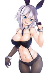 Rule 34 | 1girl, animal ears, asymmetrical sleeves, azur lane, bare shoulders, blue eyes, blush, breasts, cleavage, collarbone, commentary request, covered erect nipples, cowboy shot, crop top, eyebrows, fake animal ears, garter straps, hip focus, leotard, midriff, mole, mole on breast, navel, necktie, open mouth, pantyhose, playboy bunny, rabbit ears, rabbit girl, shimo (shimo332215), short hair, simple background, solo, stomach, suspenders, sweat, sweatdrop, thigh gap, thighs, uneven sleeves, v, washington (azur lane), white background, white hair, wrist cuffs