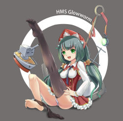 Rule 34 | 1girl, absurdres, anchor, azur lane, barefoot, breasts, character name, fang, feet, full body, glowworm (bilan hangxian), green eyes, green hair, highres, long hair, looking at viewer, panties, plantar flexion, small breasts, solo, the hermit, thighhighs, unworn thighhighs, toes, twintails, underwear