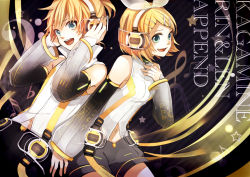Rule 34 | 1boy, 1girl, arm warmers, blonde hair, blue eyes, brother and sister, detached sleeves, hair ornament, hair ribbon, hairclip, headphones, highres, kagamine len, kagamine len (append), kagamine rin, kagamine rin (append), navel, ribbon, short hair, shorts, siblings, smile, tama (songe), twins, vocaloid, vocaloid append