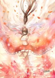 Rule 34 | 1girl, absurdly long hair, armpits, arms up, artist name, backlighting, bare legs, barefoot, bow, breasts, brown eyes, covering own mouth, detached sleeves, floating, frilled skirt, frills, full body, hair bow, hair tubes, hakurei reimu, leaf, light, light particles, long hair, maple leaf, navel, no shirt, petals, ponytail, red skirt, ribbon, sarashi, sishenfan, skirt, solo, stomach, thighs, touhou, very long hair, wind