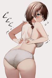 Rule 34 | 1girl, aqua eyes, ass, back, blush, bra, braid, breasts, brown hair, closed mouth, cowboy shot, curvy, dressing, emma verde, freckles, from behind, furrowed brow, highres, large breasts, leaning forward, long hair, looking back, love live!, love live! nijigasaki high school idol club, mia (fai1510), panties, skindentation, solo, struggling, sweatdrop, thighs, twin braids, underwear, underwear only, wavy mouth, white bra, white panties