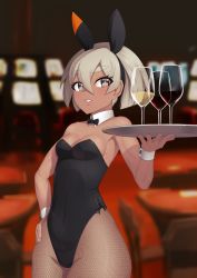 Rule 34 | 1girl, absurdres, alternate costume, armpit peek, bea (pokemon), blurry, blurry background, breasts, casino, cleavage, covered navel, cowboy shot, creatures (company), cup, dark-skinned female, dark skin, detached collar, drinking glass, fishnet pantyhose, fishnets, game freak, grey eyes, gym leader, hair between eyes, hairband, hand on own hip, highres, leotard, lips, medium breasts, nintendo, pantyhose, playboy bunny, pokemon, pokemon swsh, putcher, short hair, silver hair, solo, table, thick eyebrows, tray, wine glass, wrist cuffs
