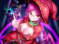 Rule 34 | 1girl, arms under breasts, belt, blush, breasts, cleavage, commentary request, commission, curled horns, demon girl, demon tail, demon wings, dress, fang, glasses, gloves, grin, hair ornament, hat, highres, horns, large breasts, long sleeves, looking at viewer, magic, magic circle, mon-musu quest!, parted bangs, pink hair, pink tail, pink wings, pointy ears, raichi (ddq0246), red dress, red eyes, red hat, shrug (clothing), skeb commission, smile, snapping fingers, solo, succubus witch (mon-musu quest!), tail, white gloves, wings, witch, witch hat, x hair ornament