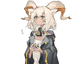 1girl, animal ears, arknights, baggy clothes, beeswax (arknights), black jacket, collar, dot mouth, eyebrows visible through hair, goat ears, goat horns, hands up, horns, infection monitor (arknights), jacket, medium hair, mikojin, open clothes, open jacket, shirt, simple background, solo, upper body, white background, white hair, white shirt, yellow eyes
