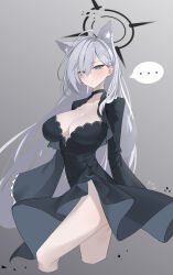 Rule 34 | ..., 1girl, absurdres, animal ear fluff, animal ears, black choker, black dress, blue archive, blue eyes, blush, breasts, choker, cleavage, closed mouth, collarbone, covered navel, cropped legs, cross hair ornament, dongye1551, dress, extra ears, eyes visible through hair, gradient background, grey background, hair ornament, hair over one eye, halo, highres, large breasts, long hair, long sleeves, looking at viewer, pelvic curtain, shiroko (blue archive), shiroko terror (blue archive), speech bubble, spoken ellipsis, standing, thighs, very long hair, wolf ears
