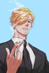 Rule 34 | 1boy, blonde hair, blue background, cigarette, curly eyebrows, facial hair, formal, hair over one eye, highres, holding, holding cigarette, looking at viewer, male focus, one piece, sanji (one piece), sate meng, smile, smoking, suit, teeth