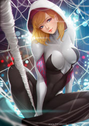 Rule 34 | 1girl, blonde hair, blue eyes, blurry, bodysuit, breasts, city, depth of field, gradient background, gwen stacy, hood, lens flare, looking at viewer, magion02, marvel, silk, smile, solo, spider-gwen, spider-man (series), spider web