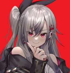 1girl ear_piercing earrings grey_hair highres hololive hololive_dev_is index_finger_raised isaki_riona jewelry long_hair multicolored_nails one_side_up piercing portrait red_background red_eyes single_earring smile virtual_youtuber yuya_(yuya_illust) zipper