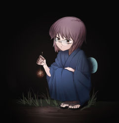 Rule 34 | 1girl, absurdres, blue kimono, brown eyes, closed mouth, commentary request, expressionless, fireworks, glasses, highres, holding, holding fireworks, japanese clothes, kimono, nagato yuki, purazuma0810, purple hair, sandals, short hair, solo, squatting, suzumiya haruhi no yuuutsu, wide sleeves, zouri