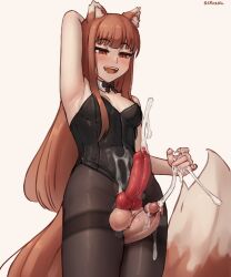 Rule 34 | 1futa, animal ear fluff, animal ears, animal penis, arm behind head, armpits, artist name, black bow, black bowtie, black leotard, black pantyhose, blush, bow, bowtie, breasts, brown hair, commentary, cowboy shot, cum, cum on clothes, cum on hands, detached collar, disembodied penis, dog penis, ejaculation, english commentary, erection, futanari, highres, holo, knotted penis, leotard, long hair, looking down, open mouth, pantyhose, penis, penis and testicles touching, projectile cum, red eyes, seraziel, simple background, small breasts, smile, solo focus, spice and wolf, standing, strapless, strapless leotard, tail, teeth, testicles, thigh sex, thighband pantyhose, white background, wolf ears, wolf girl, wolf tail