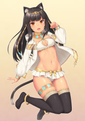 Rule 34 | 1girl, :d, animal ear fluff, animal ears, ankh, anklet, bastet (mythology), bikini, bikini skirt, black hair, black thighhighs, blunt bangs, blush, bow, breasts, cat ears, cat tail, circlet, cleavage, cleavage cutout, clenched hand, clothing cutout, commentary request, dark-skinned female, dark skin, egyptian, egyptian clothes, egyptian mythology, eye of horus, female focus, full body, groin, hand up, highres, jacket, jewelry, legs up, long hair, long sleeves, looking at viewer, navel, no shoes, open clothes, open jacket, open mouth, orange eyes, original, paw pose, puffy sleeves, sasaame, sidelocks, simple background, small breasts, smile, solo, stomach, swimsuit, tail, thigh strap, thighhighs, thighs, usekh collar, white bikini, white jacket, yellow bow
