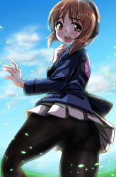 Rule 34 | 1girl, absurdres, anglerfish, ass, black pantyhose, blue jacket, blue sky, blurry, blurry background, brown eyes, brown hair, cloud, cloudy sky, commentary, crotch seam, day, emblem, fish, from behind, frown, girls und panzer, hand on own throat, headphones, highres, jacket, kentap, lace, lace-trimmed panties, lace trim, long sleeves, looking at viewer, looking back, military, military uniform, miniskirt, nishizumi miho, ooarai military uniform, open mouth, outdoors, panties, panties under pantyhose, pantyhose, pantyshot, petals, pleated skirt, shirt, short hair, skirt, sky, solo, standing, underwear, uniform, white skirt, wind, wind lift