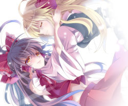Rule 34 | 2girls, ahoge, alternate hair length, alternate hairstyle, arm ribbon, backlighting, blonde hair, bow, brown eyes, brown hair, crying, crying with eyes open, crystal, detached sleeves, ex-rumia, closed eyes, hair bow, hair ribbon, hair tubes, hakurei reimu, light particles, long hair, long sleeves, midriff, multiple girls, navel, open mouth, ribbon, rumia, shirt, skirt, skirt set, smile, tears, touhou, very long hair, vest, wide sleeves, yanagise