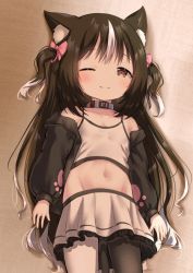 Rule 34 | 1girl, ;), animal ears, asymmetrical legwear, black hair, black jacket, black pantyhose, blush, bow, brown eyes, cat ears, cat girl, cat tail, closed mouth, collar, crop top, groin, hair bow, jacket, long hair, long sleeves, looking at viewer, midriff, mismatched legwear, multicolored hair, navel, off shoulder, one eye closed, open clothes, open jacket, original, pantyhose, pink bow, pleated skirt, puffy long sleeves, puffy sleeves, siera (sieracitrus), skirt, sleeves past wrists, smile, solo, tail, tank top, two-tone hair, two side up, very long hair, white collar, white hair, white pantyhose, white skirt, white tank top