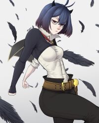 Rule 34 | 1girl, ahoge, alternate costume, belt, belt buckle, black clover, buckle, demon horns, feathers, horns, limn044, pants, red eyes, secre swallowtail, shirt, short hair, tight clothes, tight pants, tight shirt