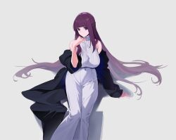 Rule 34 | 1girl, black robe, breasts, commentary, covered navel, dress, fern (sousou no frieren), highres, huge breasts, long dress, long hair, looking at viewer, olys, purple eyes, purple hair, robe, sitting, sleeveless, sleeveless dress, solo, sousou no frieren, very long hair, white dress