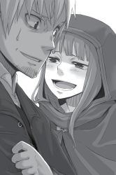 Rule 34 | 1boy, 1girl, :d, ayakura juu, beard, blush, cape, craft lawrence, facial hair, greyscale, grin, holo, hood, hooded, long hair, monochrome, novel illustration, official art, open mouth, smile, spice and wolf, sweatdrop, upper body