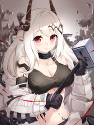 Rule 34 | 1girl, absurdres, arknights, bare shoulders, black choker, black gloves, blush, breasts, choker, cleavage, commentary, crop top, gloves, hammer, highres, holding, holding hammer, holding weapon, horns, infection monitor (arknights), large breasts, long hair, looking at viewer, material growth, midriff, mudrock (arknights), mudrock (elite ii) (arknights), navel, off shoulder, oripathy lesion (arknights), pointy ears, recyan, red eyes, silver hair, solo, sports bra, stomach, upper body, weapon