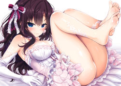 Rule 34 | 1girl, :3, ass, bare legs, bare shoulders, barefoot, bed sheet, black hair, blue eyes, blush, breasts, cleavage, closed mouth, dress, elbow gloves, feet, folded, frilled dress, frills, gloves, hair ribbon, ichinose shiki, idolmaster, idolmaster cinderella girls, knees to chest, legs, legs up, long hair, looking at viewer, lying, medium breasts, on back, on bed, ribbon, saki chisuzu, simple background, smile, soles, solo, toes, wavy hair, white background, white dress, white gloves
