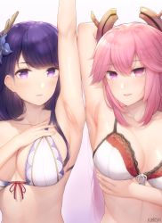 Rule 34 | 2girls, arm up, armpits, artist name, blush, bra, breast hold, breasts, collarbone, female focus, flower, genshin impact, hair flower, hair ornament, hand on own chest, highres, kimoshi, lace, lace-trimmed bra, lace trim, lingerie, long hair, looking at viewer, medium breasts, multiple girls, parted lips, pink eyes, pink hair, purple eyes, purple flower, purple hair, raiden shogun, simple background, smile, underwear, underwear only, upper body, very long hair, white background, white bra, yae miko