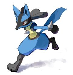 bishamon_(usagi_ba) blue_fur closed_mouth creatures_(company) full_body game_freak gen_4_pokemon highres looking_ahead lucario nintendo no_humans outstretched_arms pokemon pokemon_(creature) pokemon_dppt red_eyes running shadow simple_background spikes white_background