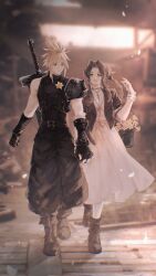 Rule 34 | 1boy, 1girl, aerith gainsborough, armor, baggy pants, bandaged arm, bandages, bangle, basket, belt, black gloves, blonde hair, blurry, blurry background, boots, bracelet, braid, braided ponytail, breasts, brown hair, buster sword, choker, cleavage, cloud strife, couple, cropped jacket, dress, final fantasy, final fantasy vii, final fantasy vii rebirth, final fantasy vii remake, flower, flower basket, flower choker, full body, gloves, hair between eyes, hair ribbon, hetero, highres, holding, holding basket, holding hands, interlocked fingers, jewelry, leanor ff14, light smile, lily (flower), long dress, long hair, medium breasts, midgar, multiple belts, muted color, pants, parted bangs, parted lips, pink dress, ribbon, sepia, short hair, short sleeves, shoulder armor, sidelocks, single bare shoulder, single braid, single shoulder pad, sleeveless, sleeveless turtleneck, slums, spiked hair, square enix, suspenders, turtleneck, wavy hair, weapon, weapon on back, yellow flower