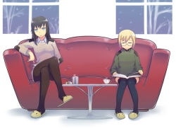 Rule 34 | 00s, 2girls, blonde hair, blue eyes, book, brown hair, cigarette, couch, crossed legs, elizabeth f. beurling, em (totsuzen no hakike), food, glasses, green shirt, long hair, multiple girls, pantyhose, shirt, short hair, sitting, slippers, strike witches, strike witches: suomus misfits squadron, sweater, thighhighs, ursula hartmann, world witches series