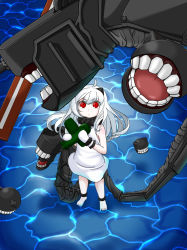 Rule 34 | 10s, 1girl, abyssal ship, ahoge, aircraft, airplane, colored skin, dress, highres, holding, kantai collection, kuro megane, long hair, looking at viewer, looking up, machinery, mittens, northern ocean princess, open mouth, pale skin, red eyes, solo, teeth, white dress, white hair, white skin