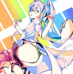 Rule 34 | 1girl, :p, animal ears, arc system works, ass, blazblue, candy, cat ears, cat tail, eightman, food, glasses, kokonoe (blazblue), lollipop, panties, pince-nez, pink hair, ponytail, rainbow background, tail, thong, tongue, tongue out, underwear, yellow eyes